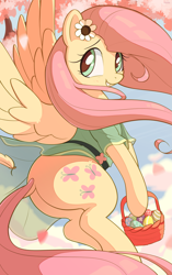 Size: 1881x3000 | Tagged: safe, artist:nookprint, derpibooru import, fluttershy, pegasus, pony, basket, clothes, cute, daaaaaaaaaaaw, dock, dress, easter, easter egg, female, flower, flower in hair, high res, holiday, mare, shyabetes, solo, tail