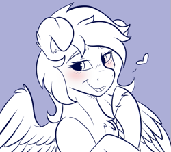 Size: 599x532 | Tagged: safe, artist:monsoonvisionz, derpibooru import, oc, oc only, pegasus, pony, blushing, female, heart, mare, monochrome, oc name needed, simple background, solo, spread wings, unshorn fetlocks, wings