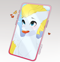 Size: 2032x2100 | Tagged: safe, artist:2pandita, derpibooru import, oc, oc only, pegasus, pony, cellphone, chest fluff, heart, male, mouth hold, phone, simple background, smartphone, solo, spread wings, wings
