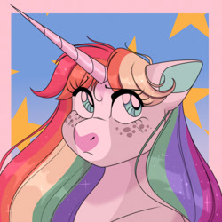 Size: 1024x1024 | Tagged: safe, artist:uunicornicc, derpibooru import, oc, oc only, pony, unicorn, bust, female, mare, multicolored hair, portrait, rainbow hair, solo