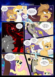 Size: 3259x4607 | Tagged: safe, artist:estories, derpibooru import, discord, fluttershy, oc, oc:fable, oc:golden jewel, draconequus, pegasus, pony, comic:nevermore, angry, comic, discord being discord, ears, eyes closed, fangs, floppy ears, laughing, looking at you, looking back, looking back at you, pegasus oc, scared, sitting, sofa, speech bubble, trolling, unshorn fetlocks