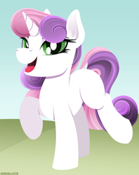Size: 1984x2500 | Tagged: safe, artist:andaluce, derpibooru import, sweetie belle, pony, unicorn, blank flank, cute, female, filly, foal, lineless, smiling, solo