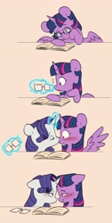 Size: 2066x4096 | Tagged: safe, artist:chub-wub, derpibooru import, rarity, twilight sparkle, twilight sparkle (alicorn), alicorn, pony, bedroom eyes, blushing, book, comic, cute, duo, eye contact, female, glasses, glowing, glowing horn, horn, kissing, lesbian, levitation, looking at each other, looking at someone, magic, mare, raribetes, rarilight, reading, shipping, smiling, smiling at each other, spread wings, telekinesis, twiabetes, wingboner, wings