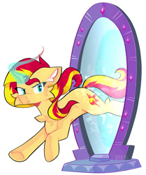 Size: 1170x1400 | Tagged: safe, artist:clairedaartiste444, derpibooru import, sunset shimmer, pony, unicorn, equestria girls, female, glowing, glowing horn, horn, mare, mirror portal, simple background, solo, white background