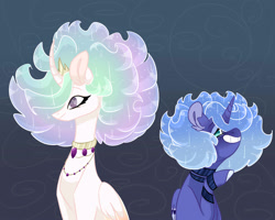 Size: 2500x2000 | Tagged: safe, artist:arirain, derpibooru import, princess celestia, princess luna, alicorn, pony, alternate hairstyle, duo, female, fluffy mane, jewelry, mare, royal sisters, s1 luna, sheepish grin, siblings, simple background, sisters, smiling, younger