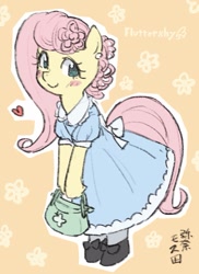 Size: 661x909 | Tagged: safe, artist:yanamosuda, derpibooru import, fluttershy, pegasus, semi-anthro, blush sticker, blushing, clothes, cute, dress, ear piercing, earring, female, flower, flower in hair, heart, jewelry, looking at you, mare, piercing, purse, shoes, shyabetes, smiling, smiling at you, solo, white outline