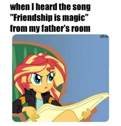 Size: 720x751 | Tagged: safe, derpibooru import, sunset shimmer, equestria girls, meme, ponified, ponified meme, repost, tom and jerry, tom reading the newspaper