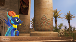 Size: 3840x2160 | Tagged: safe, artist:seriff-pilcrow, derpibooru import, prince hisan, pegasus, pony, 3d, banner, egyptian, male, palm tree, smiling, solo, source filmmaker, tree