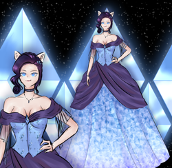 Size: 4200x4100 | Tagged: safe, artist:tatsuk0, derpibooru import, rarity, equestria girls, anime style, breasts, cleavage, clothes, diamond, dress, female, gown, hand on hip, jewelry, necklace, pony ears, smiling, solo