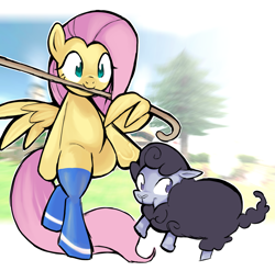 Size: 2069x2048 | Tagged: safe, artist:yidwags, derpibooru exclusive, derpibooru import, fluttershy, pegasus, pony, sheep, bipedal, clothes, ewe, female, floating, mabinogi, mouth hold, shepherd's crook, stockings, thigh highs, tiny ewes, wing hands, wings
