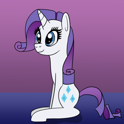 Size: 1600x1600 | Tagged: safe, artist:platinumdrop, derpibooru import, rarity, pony, unicorn, gradient background, long neck, simple background, sitting, smiling, solo