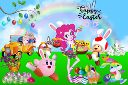 Size: 3000x2000 | Tagged: safe, artist:magical-mama, artist:sugar-loop, artist:user15432, derpibooru import, pinkie pie, equestria girls, barely eqg related, basket, bunny ears, chick, cloud, crossover, easter, easter basket, easter bunny, easter egg, egg, flower, happy easter, high heels, holiday, kirby, kirby (series), kirby pie, looking at you, ponied up, rainbow, school spirit, shoes, spring, super mario bros., toad (mario bros), toad pie