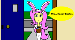 Size: 1374x748 | Tagged: safe, artist:samueljcollins1990, derpibooru import, fluttershy, equestria girls, animal costume, basket, bunny costume, bunny ears, clothes, costume, cute, door, doorway, easter, easter basket, easter bunny, easter egg, equestria girls-ified, holiday