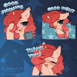 Size: 1280x1269 | Tagged: safe, artist:astralblues, derpibooru import, oc, oc only, pony, unicorn, bed, coffee cup, cup, female, hooves together, in bed, looking at you, lying down, lying on bed, mare, on bed, open mouth, open smile, smiling, smiling at you, solo, waking up