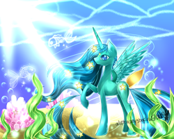 Size: 1500x1200 | Tagged: safe, artist:aquagalaxy, derpibooru import, oc, oc only, alicorn, fish, pony, blue eyes, blue mane, bubble, commission, coral, crepuscular rays, feather, female, flowing mane, flowing tail, horn, mare, ocean, raised hoof, raised leg, seaweed, signature, solo, spread wings, sunlight, tail, underwater, water, wings