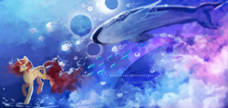 Size: 3400x1617 | Tagged: safe, artist:aquagalaxy, derpibooru import, oc, oc only, fish, jellyfish, pony, unicorn, bubble, cloud, crepuscular rays, female, flowing mane, flowing tail, horn, mare, ocean, red mane, sky, solo, sunlight, surreal, swimming, tail, underwater, water