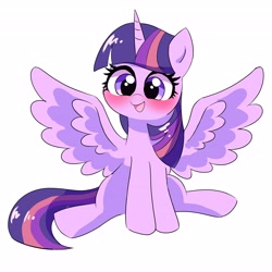 Size: 4096x4096 | Tagged: safe, artist:leo19969525, derpibooru import, twilight sparkle, twilight sparkle (alicorn), alicorn, pony, cute, female, horn, mare, open mouth, open smile, simple background, sitting, smiling, solo, spread wings, twiabetes, white background, wings