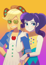 Size: 2894x4093 | Tagged: safe, artist:haibaratomoe, derpibooru import, applejack, rarity, equestria girls, female, glasses, grin, lesbian, one eye closed, rarijack, shipping, smiling, wings