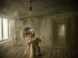 Size: 2000x1500 | Tagged: safe, artist:menalia, derpibooru import, oc, oc only, earth pony, pony, clothes, door, female, lamp, mare, pants, ribbon, room, shirt, shoes, unnamed oc, walking, window