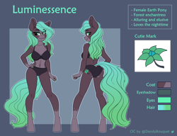 Size: 4020x3080 | Tagged: safe, alternate version, artist:dandy, derpibooru import, oc, oc only, oc:luminessence, anthro, earth pony, unguligrade anthro, anthro oc, bedroom eyes, bra, breasts, cleavage, clothes, ear fluff, ears, earth pony oc, eyeshadow, female, freckles, hand on hip, high res, looking at you, makeup, mare, panties, reference sheet, solo, underwear