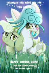 Size: 3470x5167 | Tagged: safe, artist:lincolnbrewsterfan, derpibooru import, oc, oc only, oc:easter sundae, oc:palm sundae, earth pony, hybrid, original species, pony, rabbit, my little pony: the movie, .svg available, animal, blue hair, blue mane, blue tail, bucktooth, bunny ears, bunny tail, bunny teeth, carrying, christianity, cloud, cross, curly hair, curly mane, curly tail, duo, duo female, earth pony oc, easter, easter bunny, easter egg, egg (food), equestria font, female, food, glowing, gradient mane, gradient tail, grass, grass field, happy, heart, heart hoof, holiday, leaning, looking at you, lying down, lying on top of someone, mare, mouth hold, movie accurate, paw pads, paws, rabbit pony, sibling love, siblings, sigil, sisters, smiling, smiling at you, sunrise, svg, symbol, tail, text, underhoof, underpaw, vector, well wishing