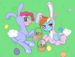 Size: 2800x2106 | Tagged: safe, artist:sufficient, derpibooru import, pinkie pie, rainbow dash, pony, animal costume, bunny costume, bunny ears, candy, clothes, costume, easter, easter egg, food, grass, grumpy, happy, holiday, lying down