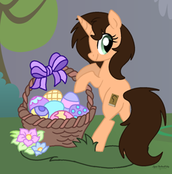 Size: 1000x1017 | Tagged: safe, artist:lynnthenerdkitty, artist:nerdy-pony, artist:small-brooke1998, derpibooru import, oc, oc:small brooke, pony, unicorn, base used, basket, butt, easter, easter basket, easter egg, holiday, plot