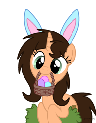 Size: 1118x1424 | Tagged: safe, artist:lynnthenerdkitty, artist:nerdy-pony, artist:small-brooke1998, derpibooru import, oc, oc only, oc:small brooke, pony, unicorn, basket, easter, easter basket, easter egg, holiday, simple background, solo, white background