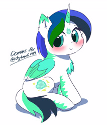 Size: 3066x3600 | Tagged: safe, artist:leo19969525, derpibooru import, oc, oc only, alicorn, pony, commission, female, horn, mare, simple background, sitting, smiling, solo, white background, wings