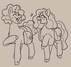 Size: 1076x1002 | Tagged: safe, artist:greenarsonist, derpibooru import, oc, oc only, oc:caramel cane, oc:lavender atlas, earth pony, pony, bag, earth pony oc, glasses, laughing, looking at each other, monochrome, saddle bag, sketch, smiling, smiling at each other, solo, younger