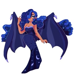 Size: 800x800 | Tagged: safe, artist:orphicswanart, derpibooru import, princess luna, human, bat wings, clothes, dress, female, hair over one eye, humanized, simple background, solo, white background, winged humanization, wings