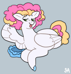 Size: 963x1005 | Tagged: safe, artist:greenarsonist, derpibooru import, oc, oc only, oc:sweet hearts💕, pegasus, pony, bonnet, lying down, morning, pegasus oc, poofy mane, solo, tongue, tongue out