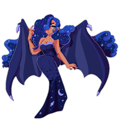 Size: 800x800 | Tagged: safe, artist:orphicswanart, derpibooru import, princess luna, human, bare shoulders, bat wings, clothes, dress, female, hair over one eye, humanized, simple background, sleeveless, solo, strapless, white background, winged humanization, wings