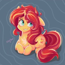 Size: 3616x3637 | Tagged: safe, artist:katakiuchi4u, derpibooru import, sunset shimmer, pony, unicorn, chest fluff, eye clipping through hair, eyebrows, eyebrows visible through hair, female, looking at you, lying down, one ear down, smiling, solo