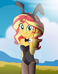 Size: 1024x1298 | Tagged: safe, artist:emeraldblast63, derpibooru import, sunset shimmer, equestria girls, bare shoulders, bunny suit, clothes, easter, female, holiday, legs together, sleeveless, smiling, solo, strapless