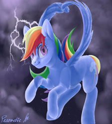 Size: 2323x2581 | Tagged: safe, artist:pessadie, derpibooru import, rainbow dash, pegasus, pony, female, lightning, mare, outdoors, signature, smiling, solo