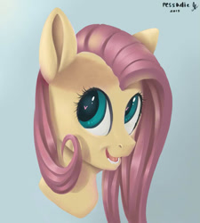 Size: 921x1024 | Tagged: safe, artist:pessadie, derpibooru import, fluttershy, pony, bust, female, mare, signature, smiling, solo