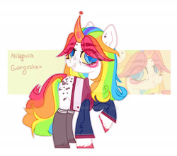 Size: 1920x1695 | Tagged: safe, artist:dillice, derpibooru import, oc, oc only, pony, unicorn, curved horn, deviantart watermark, eye clipping through hair, eyelashes, grin, horn, multicolored hair, obtrusive watermark, rainbow hair, raised hoof, raised leg, simple background, smiling, solo, unicorn oc, watermark, white background, zoom layer