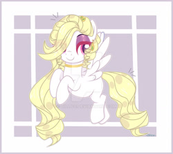 Size: 1600x1420 | Tagged: safe, artist:dillice, derpibooru import, oc, oc only, pegasus, pony, abstract background, choker, commission, eyelashes, female, flying, hair over one eye, mare, pegasus oc, simple background, smiling, solo, white background, wings, ych result