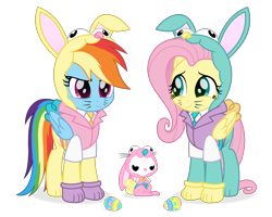 Size: 2000x1600 | Tagged: safe, artist:spookitty, derpibooru import, angel bunny, fluttershy, rainbow dash, pegasus, pony, rabbit, animal, animal costume, bunny costume, bunny ears, bunnyshy, clothes, costume, cute, easter, easter egg, egg, female, grumpy, happy, happy easter, holiday, simple background, transparent background