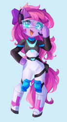 Size: 3593x6500 | Tagged: safe, artist:saxopi, derpibooru import, oc, oc only, oc:lillybit, semi-anthro, adorkable, blue background, bow, clothes, costume, cute, dork, female, gaming headset, glitch art, headphones, headset, microphone, open mouth, open smile, ribbon, simple background, smiling, solo, visor