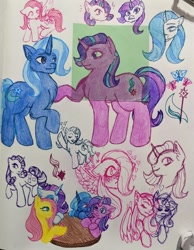 Size: 640x824 | Tagged: safe, artist:mintroni, derpibooru import, fluttershy, rarity, starlight glimmer, trixie, female, flarity, lesbian, shipping, startrix, traditional art