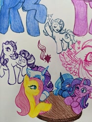 Size: 640x853 | Tagged: safe, artist:mintroni, derpibooru import, fluttershy, rarity, starlight glimmer, trixie, female, flarity, lesbian, shipping, startrix, traditional art