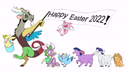 Size: 7749x4500 | Tagged: safe, artist:chub-wub, derpibooru import, applejack, discord, fluttershy, pinkie pie, rainbow dash, rarity, spike, twilight sparkle, bird, chicken, draconequus, dragon, lamb, rabbit, sheep, 2022, absurd resolution, animal, applejack's hat, basket, bunny ears, clothes, cowboy hat, easter, easter egg, egg, exclamation point, eyebrows, eyebrows visible through hair, eyes closed, female, flag, frown, happy easter, hat, holiday, male, mane seven, mane six, open mouth, open smile, simple background, smiling, species swap, transformation, varying degrees of want, white background
