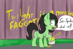 Size: 1176x787 | Tagged: safe, artist:firenhooves, oc, oc only, oc:anon filly, earth pony, pony, blatant lies, caught red hooved, female, filly, foal, looking back, lying, paint, paint bucket, painting, solo, speech bubble, vandalism, vulgar