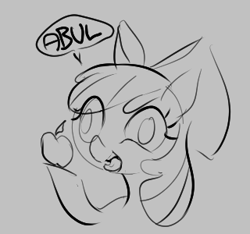 Size: 320x300 | Tagged: safe, artist:crade, ponerpics import, apple bloom, earth pony, pony, aggie.io, apple, bow, female, filly, foal, food, lowres, mare, monochrome, open mouth, simple background, smiling, speech bubble, talking, tongue, tongue out