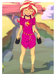 Size: 1200x1600 | Tagged: safe, artist:rockset, sunset shimmer, equestria girls, barefoot, feet, smiling, solo, water