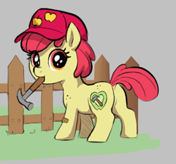 Size: 325x303 | Tagged: safe, artist:crade, ponerpics import, apple bloom, earth pony, pony, aggie.io, body freckles, dock, female, fence, filly, foal, freckles, hammer, hat, looking back, lowres, mouth hold, simple background, smiling, solo