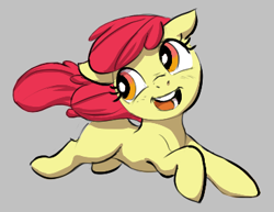Size: 368x284 | Tagged: safe, artist:crade, ponerpics import, apple bloom, earth pony, pony, aggie.io, female, filly, foal, gray background, looking back, looking to side, looking to the left, lowres, open mouth, open smile, running, simple background, smiling, solo