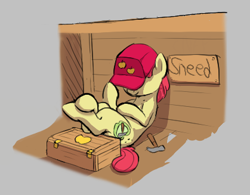 Size: 419x327 | Tagged: safe, artist:crade, ponerpics import, apple bloom, earth pony, pony, aggie.io, alternate cutie mark, female, filly, foal, hammer, hat, lowres, meme, sign, simple background, sitting, sneed, sneed's feed and seed, solo